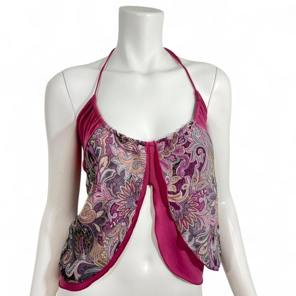Y2K Pink Paisley Halter Open Front Boho Top Size Small Pink and purple